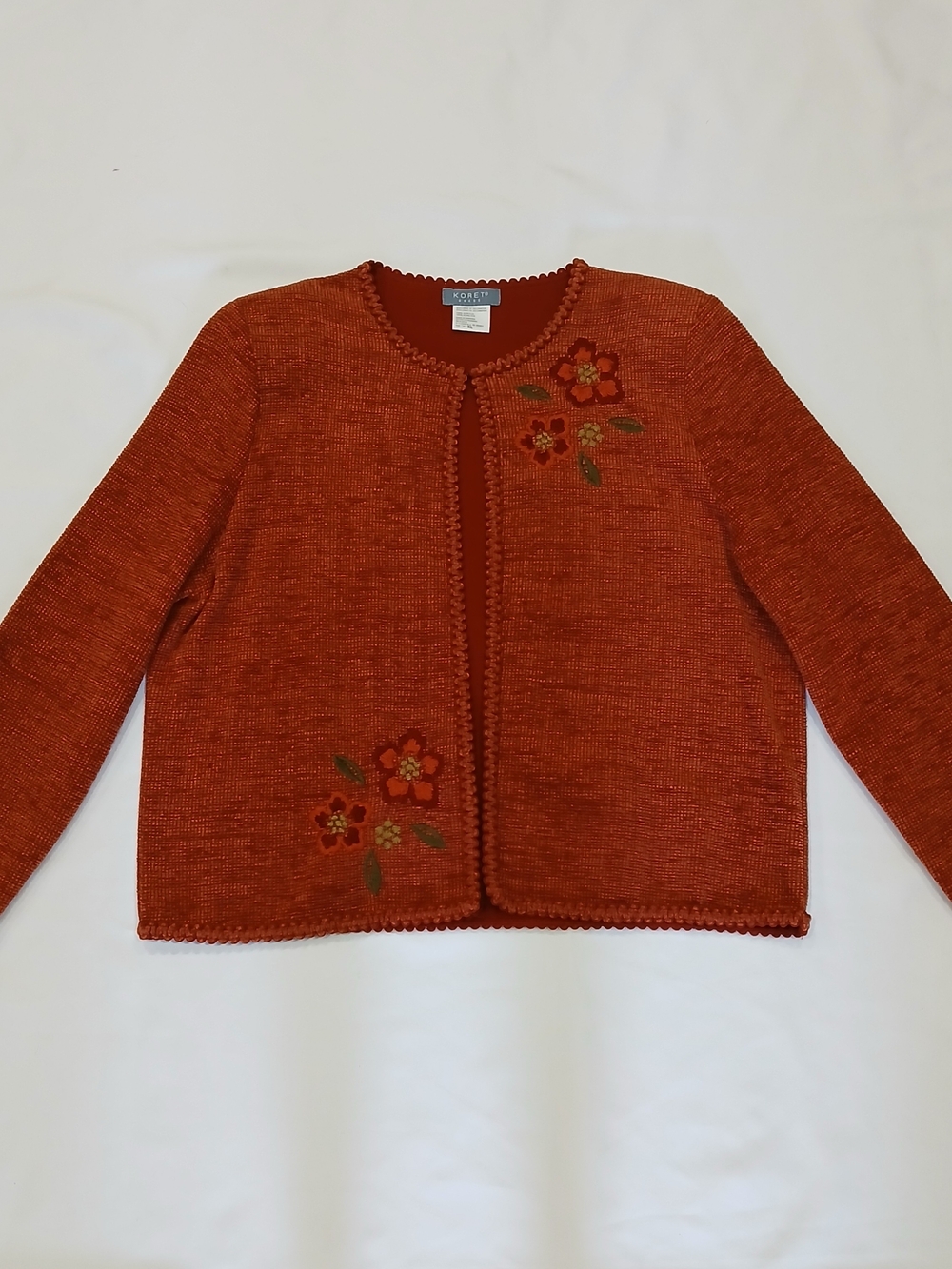 Vintage Koret Women XL Floral Embroidered Open Cardigan Burnt Orange Jacket EUC